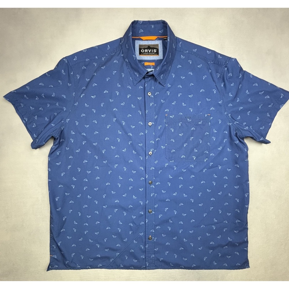 Orvis Shirt Mens XXL Blue Trout Fish Print Active Fit Short Sleeve 299253 XXL